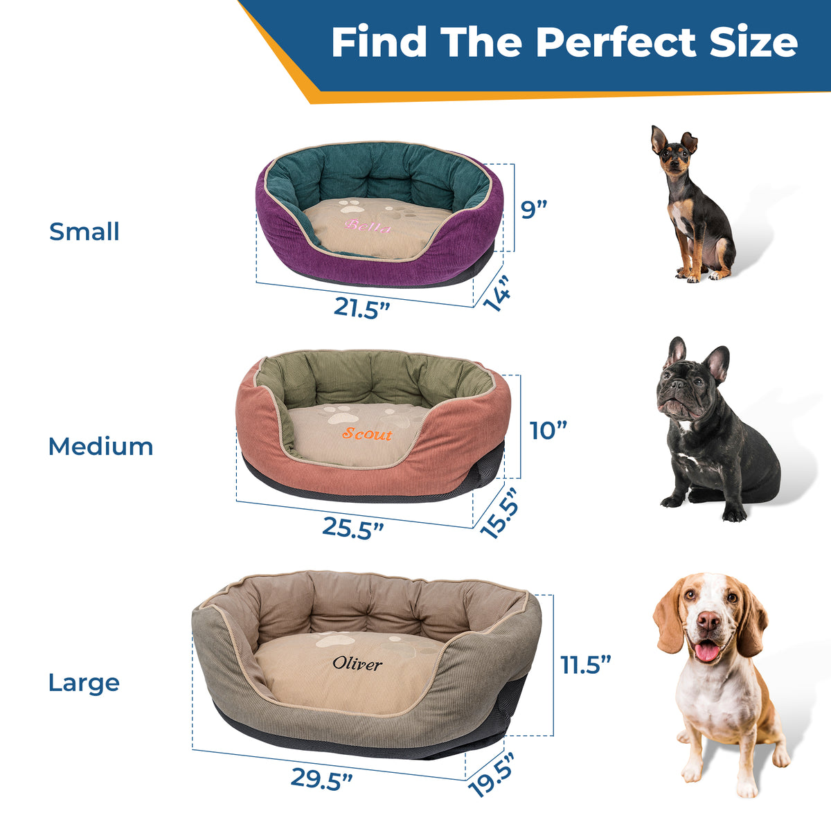 Size chart showing three round embroidered dog bed sizes labeled Small, Medium, and Large with matching dog-size examples