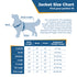 Size chart showing dog raincoat measurements (back length, neck, chest) and recommended sizes by weight