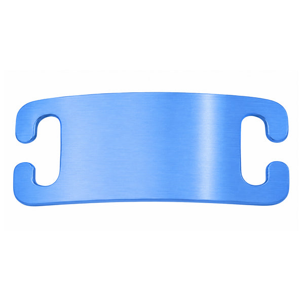 Close-up of blue aluminum Silent Slide-On Dog ID Tag showcasing dual belt-buckle slide slots and brushed finish on white background