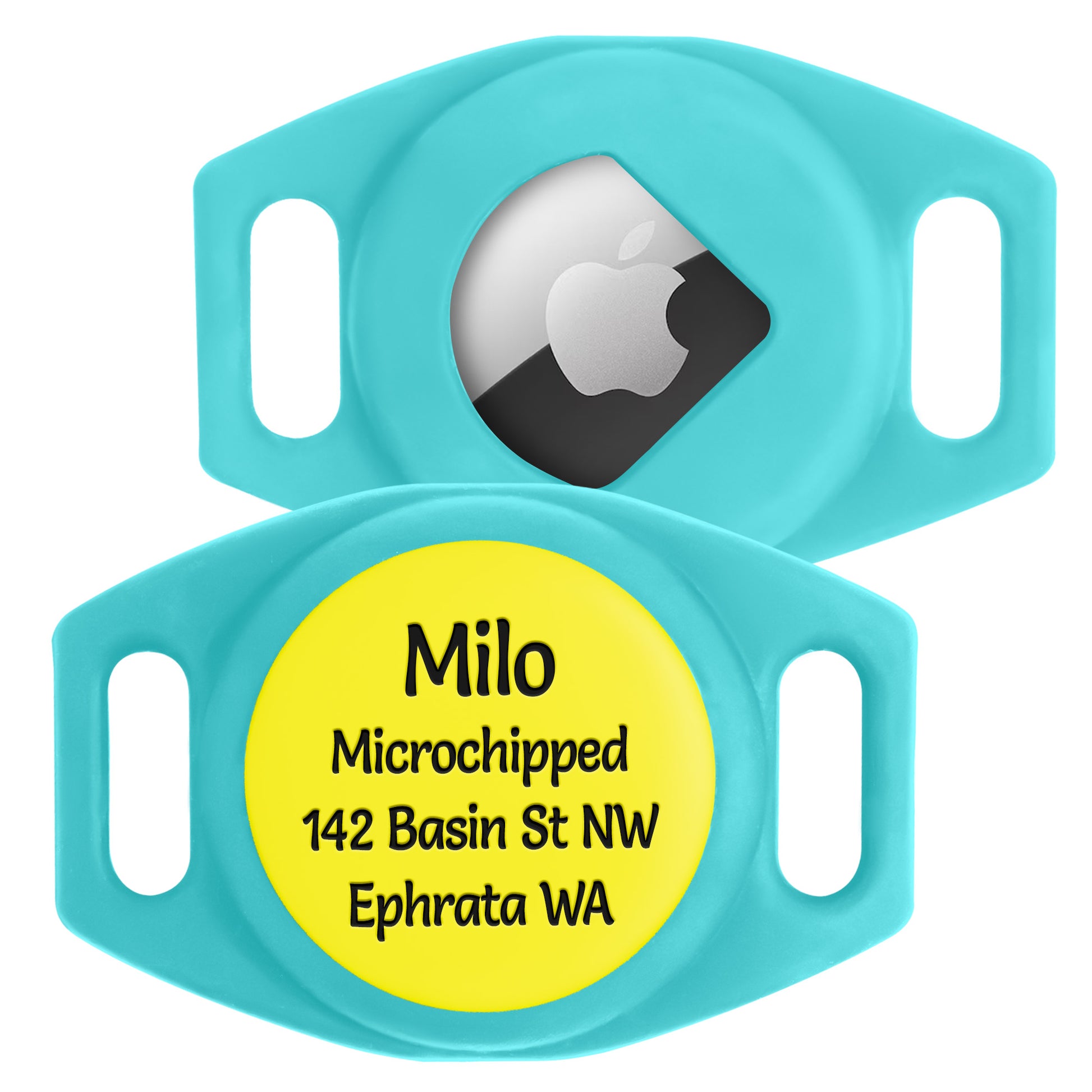 Close-up of AirTag GPS tracker holder showcasing an Apple AirTag partially inserted and a yellow laser-engraved ID disc on teal silicone