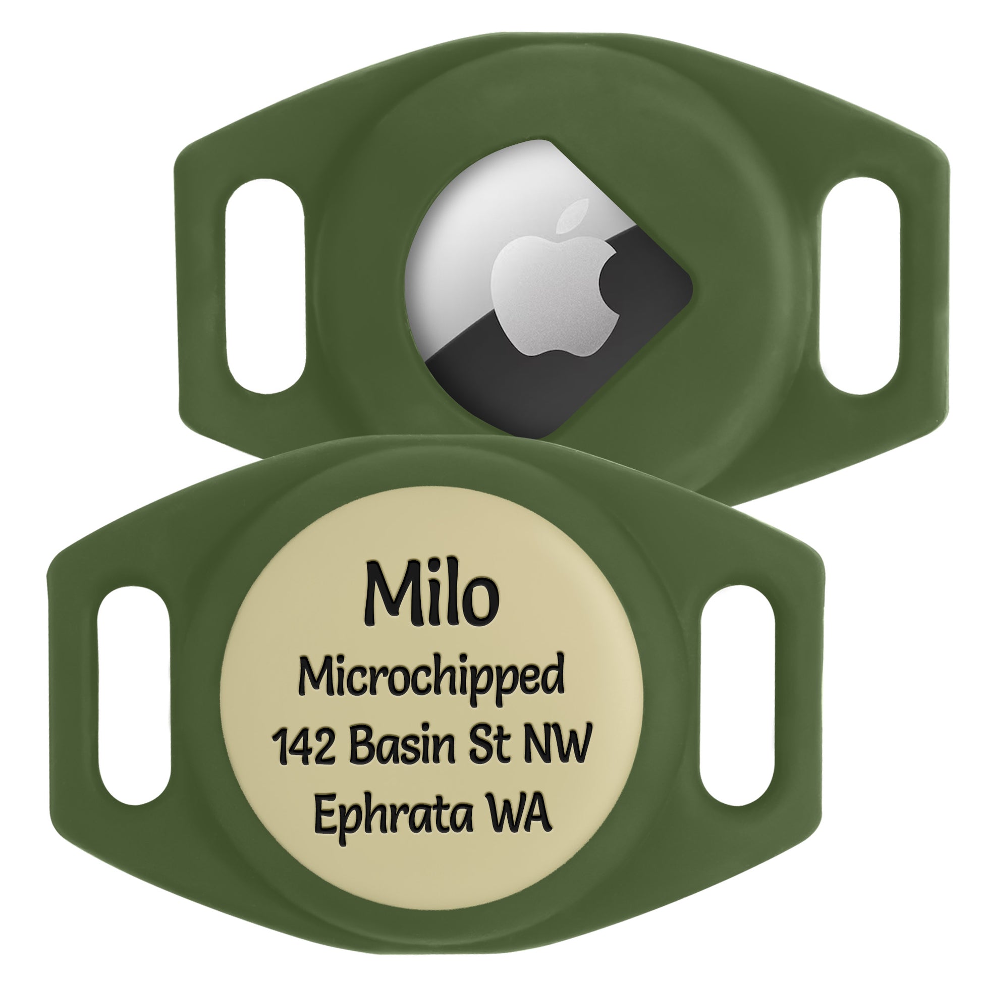 Close-up of Matcha green AirTag silicone holder showing an inserted Apple AirTag and engraved pet name “Milo” on the beige ID plate