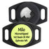 Close up of AirTag GPS tracker holder showing Apple AirTag inserted and laser engraved neon green pet ID disc on white background