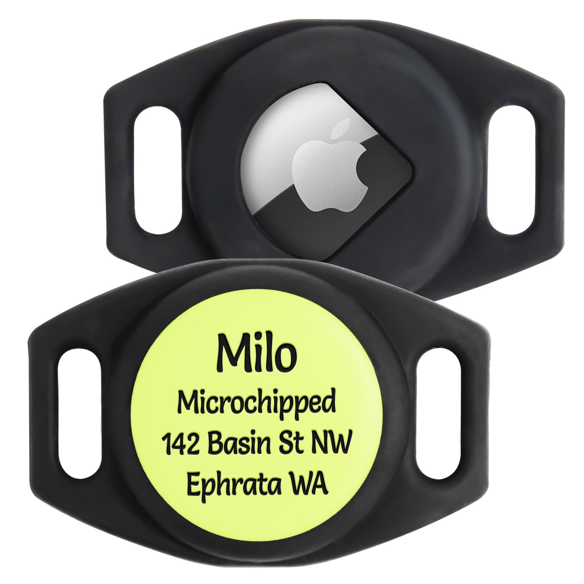 Close up of AirTag GPS tracker holder showing Apple AirTag inserted and laser engraved neon green pet ID disc on white background