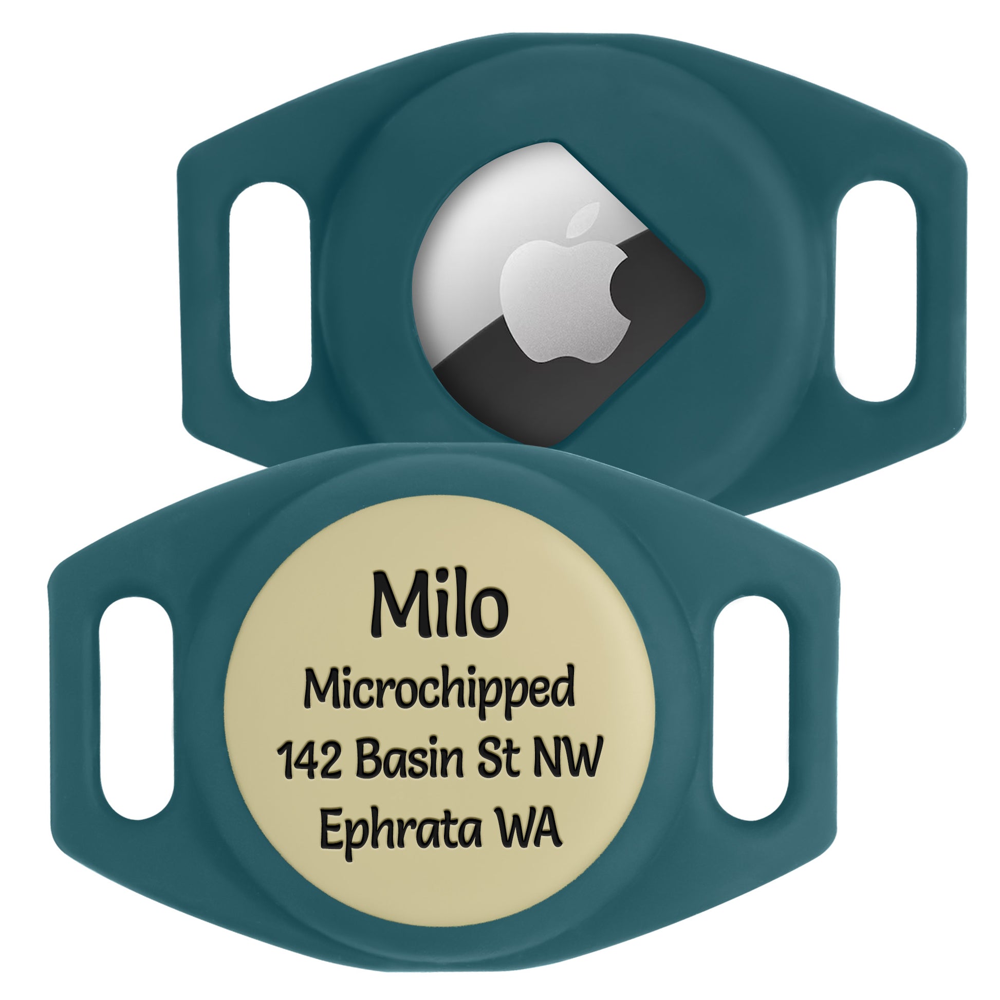 Close-up of AirTag GPS tracker holder showing inserted Apple AirTag and laser-engraved pet ID on silicone with white background