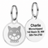 Front and back of Swarovski crystal pet ID tag, cat crown with four crystals and sample engraved contact on white