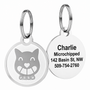 Front and back of Swarovski crystal pet ID tag, cat crown with four crystals and sample engraved contact on white