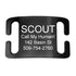 Front view of black stainless steel slide-on pet ID tag engraved SCOUT, Call My Human, 142 Basin St, and 509-754-2760