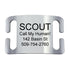 Front view of stainless steel slide-on pet ID tag showing engraving for Scout, Call My Human, 142 Basin St, and 509 754 2760