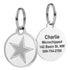 Close-up of Embossed Pet ID Tag stainless steel showing split ring attachment, embossed star and engraved text on white background