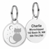 Front and back of 1 in Swarovski crystal pet ID tag with cat silhouette, three crystals, and engraved sample contact on white