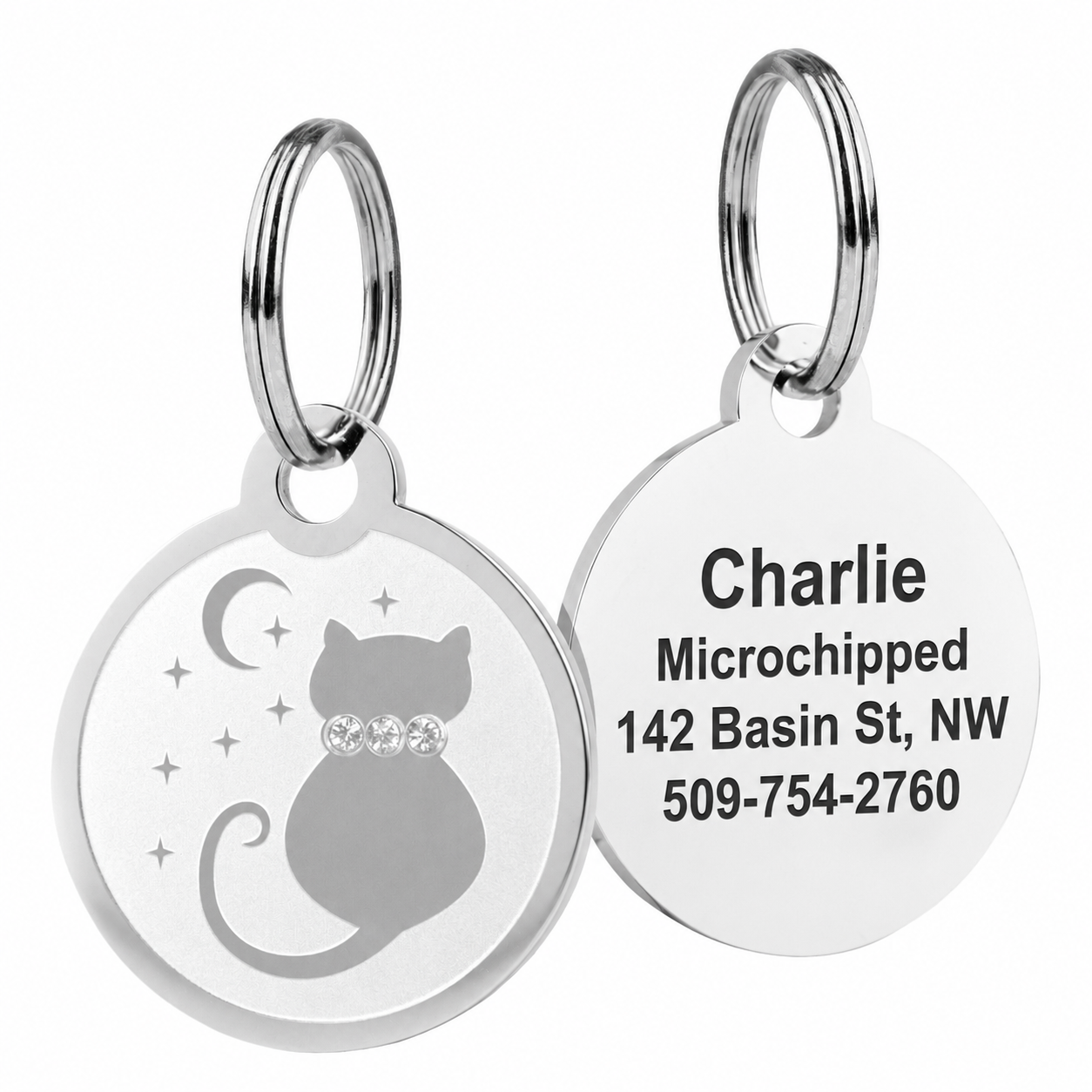 Front and back of 1 in Swarovski crystal pet ID tag with cat silhouette, three crystals, and engraved sample contact on white