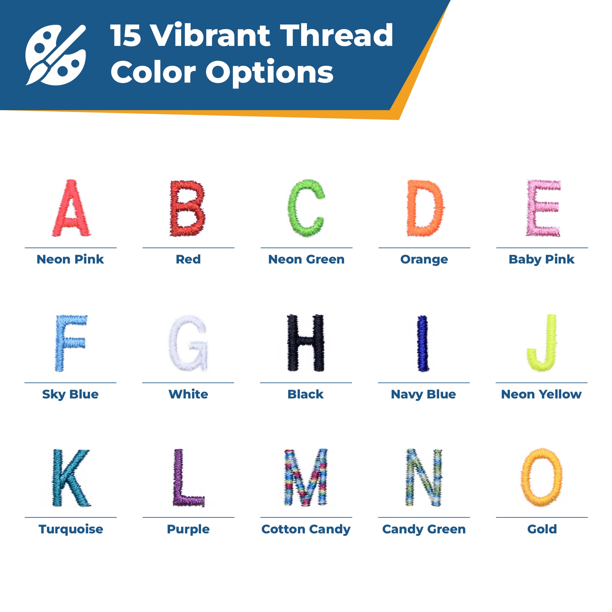 Infographic titled 15 Vibrant Thread Color Options showing labeled embroidered letter samples for 15 thread colors
