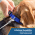 Close-up of blue embroidered dog collar on a dog with metal D-ring, quick-release buckle, and Lifetime Durability overlay