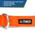 Close-up of orange embroidered collar with quick-release buckle, metal D-ring, and embroidered name on white background
