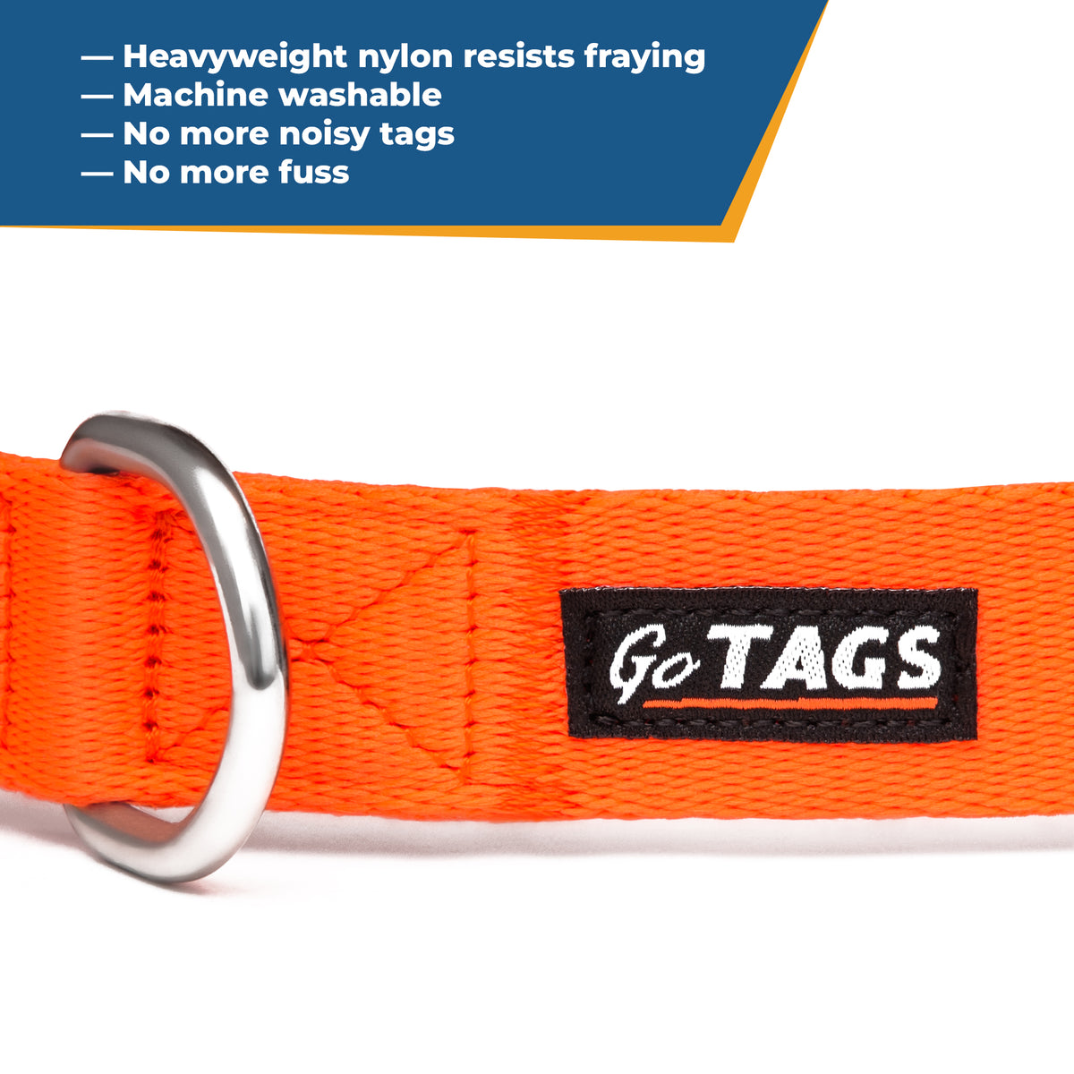 Close-up of orange embroidered collar with quick-release buckle, metal D-ring, and embroidered name on white background