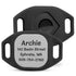 Front view of black Tile Mate tracker holder with plate reading Archie, 142 Basin Street, Ephrata, WA, 509 754 2760