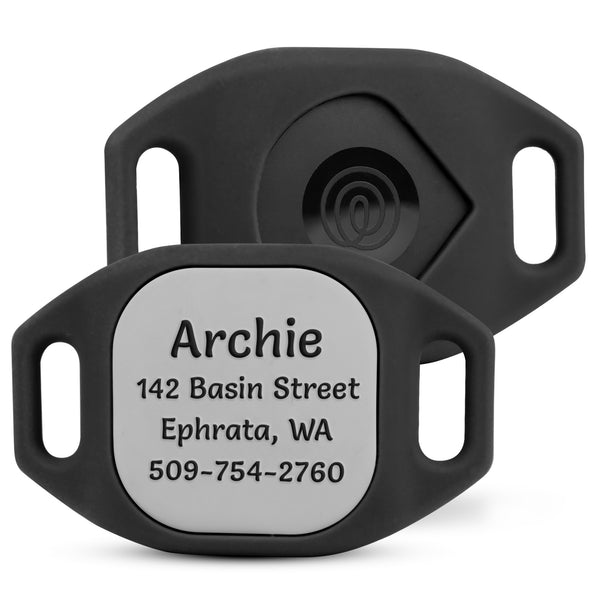 Front view of black Tile Mate tracker holder with plate reading Archie, 142 Basin Street, Ephrata, WA, 509 754 2760