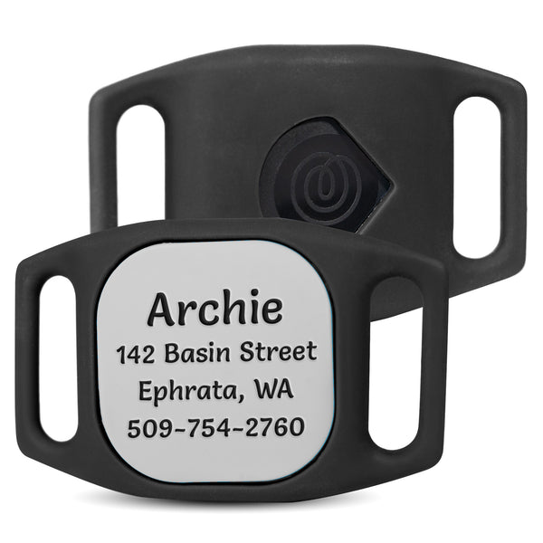 Front view of black silicone Life360 Tile Mate GPS tracker holder showcasing personalized Archie ID tag on white background