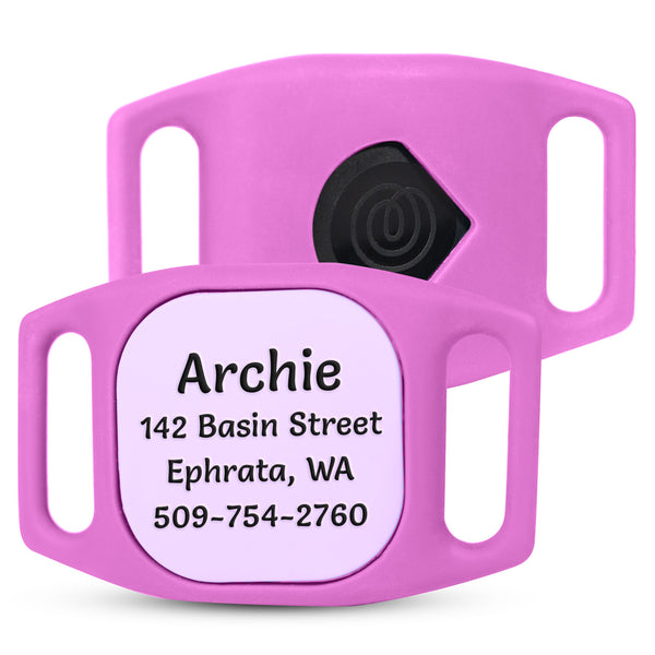 Pink Tile Mate tracker holder with engraved ID tag reading Archie, 142 Basin Street, Ephrata WA, 509-754-2760