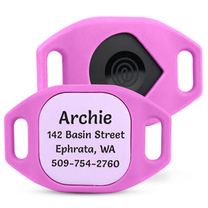 Front view of pink silicone Life360 Tile Mate GPS tracker holder showcasing personalized dog ID tag and collar slots