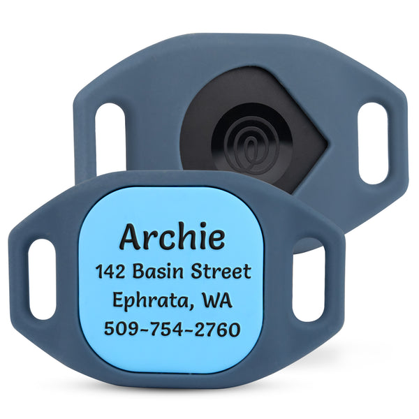 Front and back views of a blue silicone Tile Mate tracker holder showcasing a custom engraved pet ID tag on white background