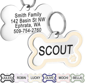 Front view of Bone Dog ID Tag with Enamel Paw showcasing cream enamel paw print and Scout engraving with sample tags below