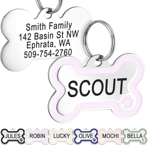 Front view of lavender bone dog ID tag with enamel paw showcasing sample personalized engraving on white background