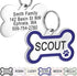 Front view of bone dog ID tag with navy blue enamel paw and personalized engraving on white background