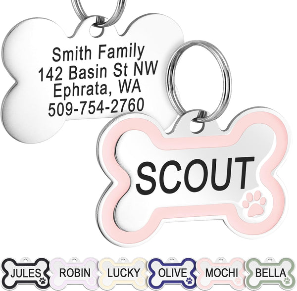 Front and back view of Bone Dog ID Tag with Enamel Paw showcasing pink enamel paw, sample engraving, and additional color options
