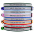 Front view of stacked personalized engraved reflective cat collars in assorted colors with bells and buckles on white