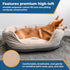 Dog resting in embroidered round corduroy bed labeled Oliver with banner ‘Features premium high-loft’