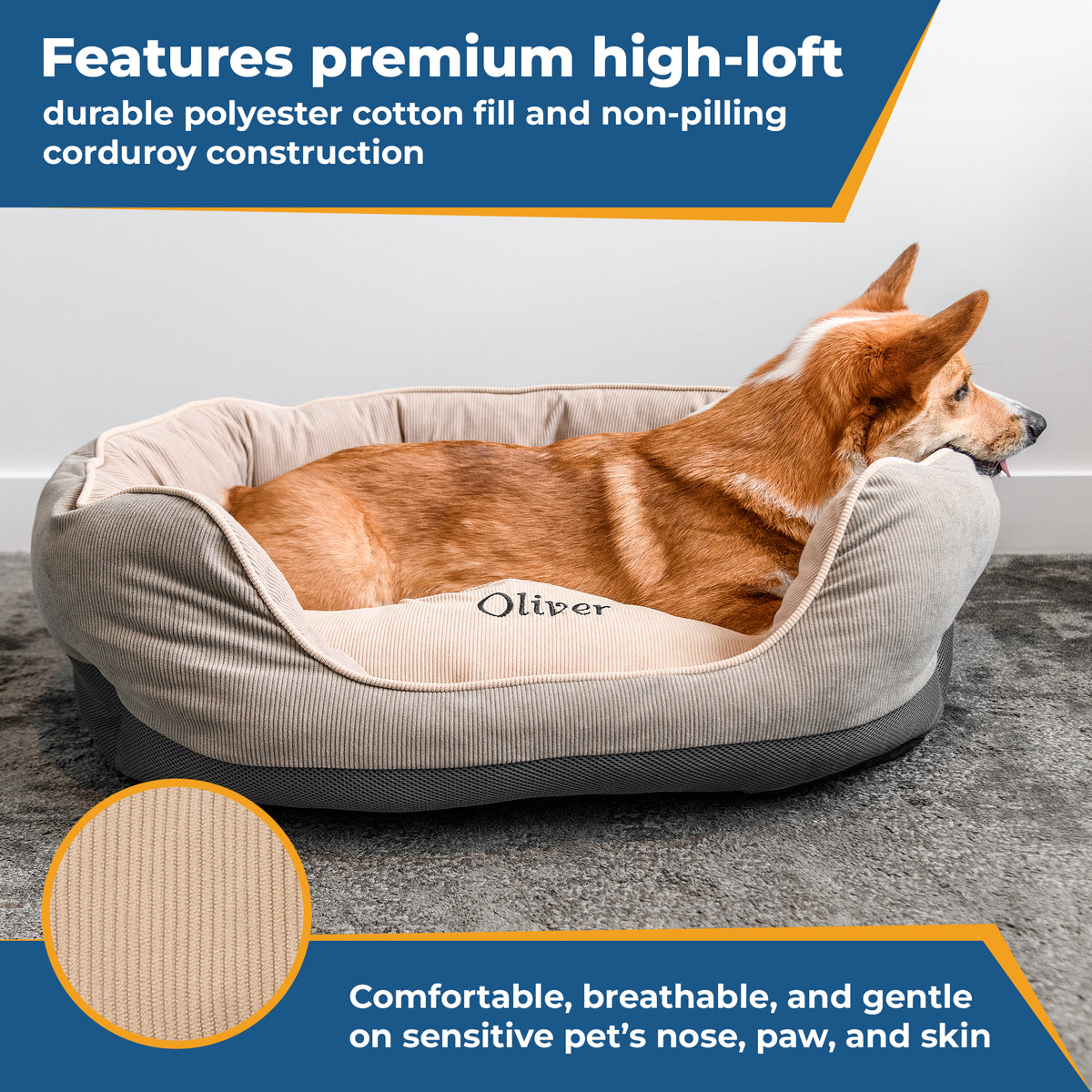 Dog resting in embroidered round corduroy bed labeled Oliver with banner ‘Features premium high-loft’