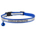 Blue reflective cat collar engraved CHARLIE and a phone number, with breakaway buckle and bell on white background
