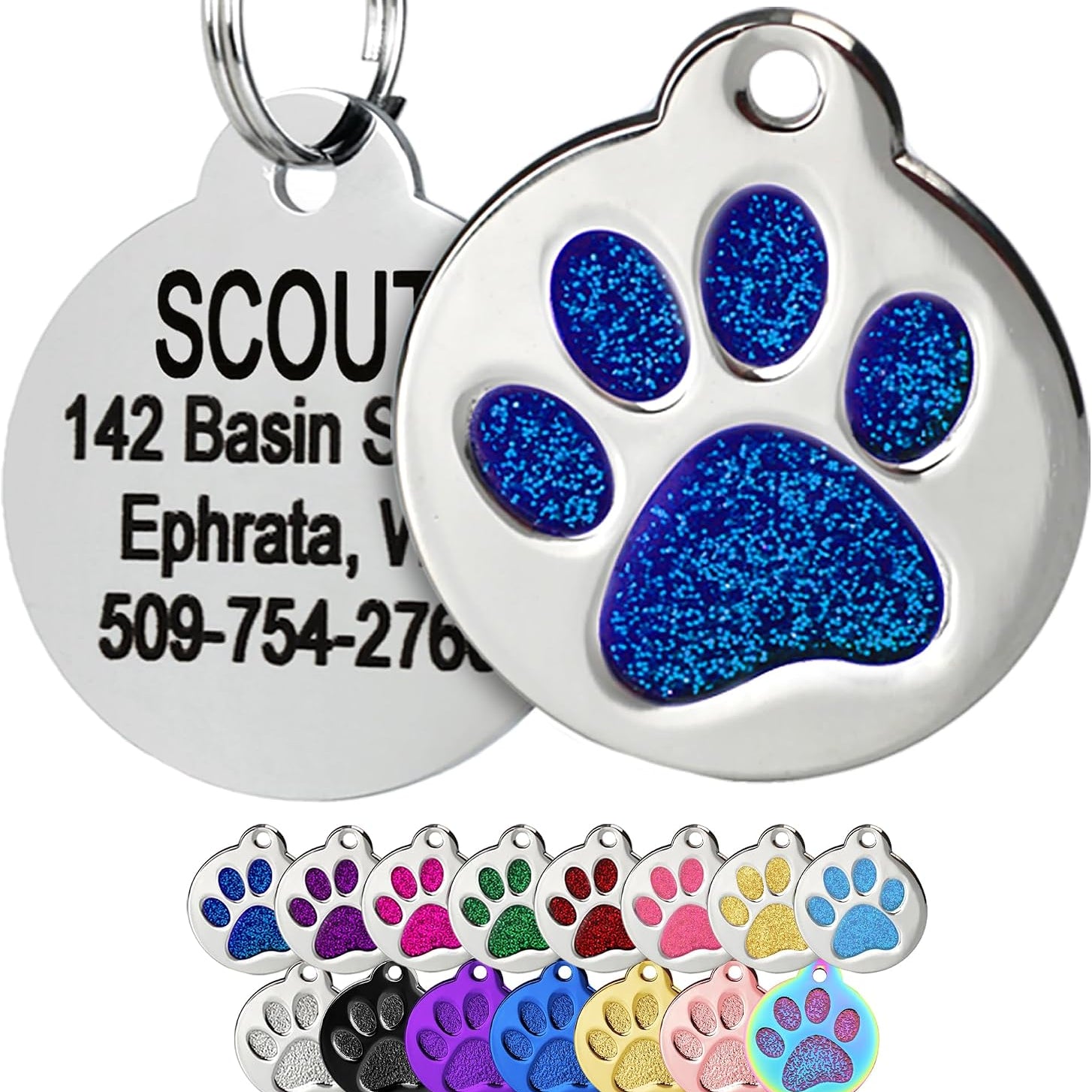 Front and back view of Glitter Paw Print Pet ID Tag with blue glitter paw print, engraved ID, and assorted color options