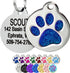 Front and back view of Glitter Paw Print Pet ID Tag with blue glitter paw print, engraved ID, and assorted color options