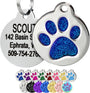Front and back view of Glitter Paw Print Pet ID Tag with blue glitter paw print, engraved ID, and assorted color options