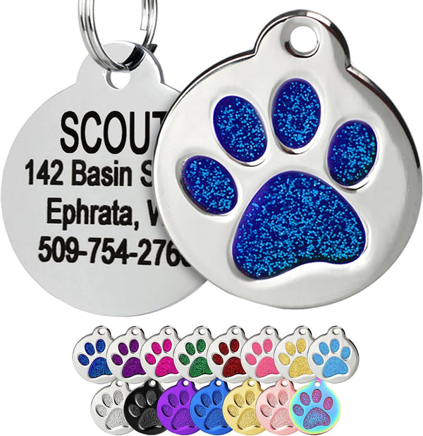Front and back view of Glitter Paw Print Pet ID Tag with blue glitter paw print, engraved ID, and assorted color options