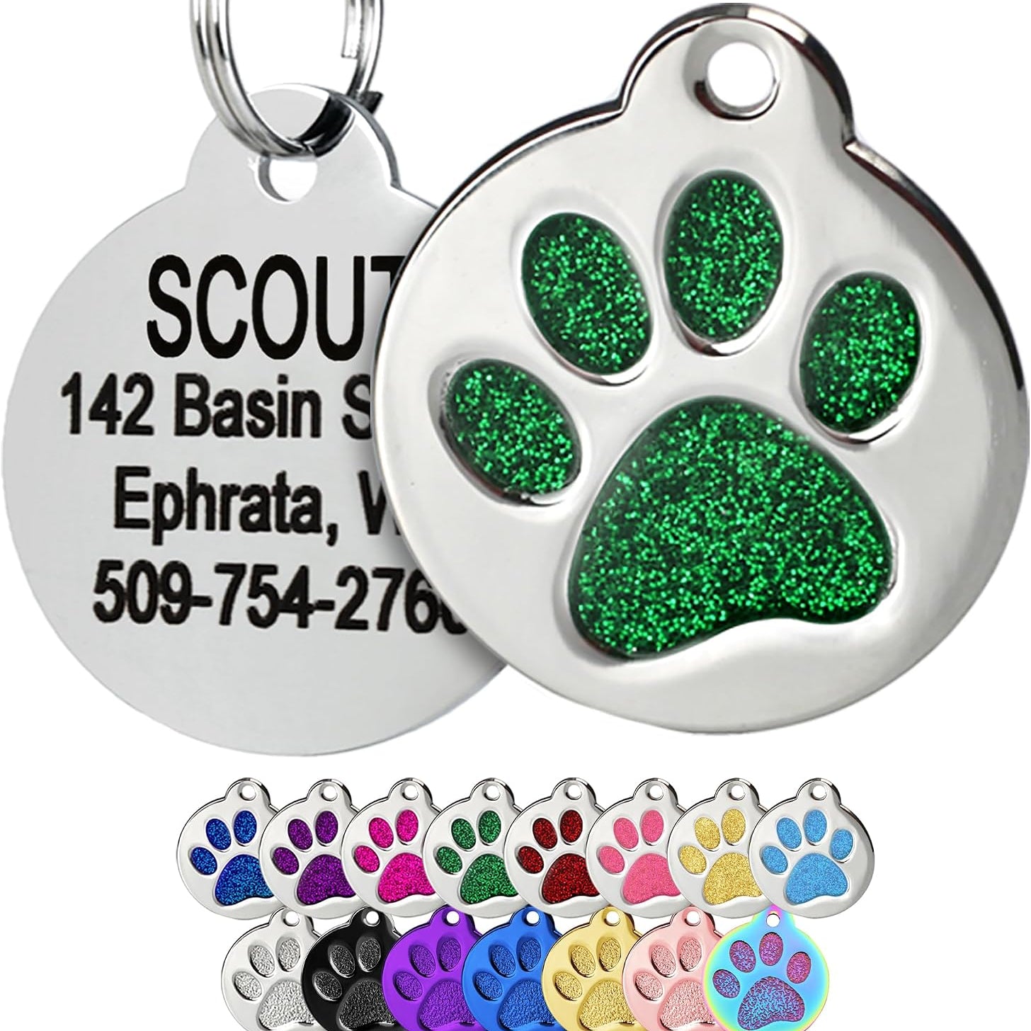 Green glitter paw print pet ID tag front and engraved back with split ring, plus color options on white background