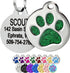 Green glitter paw print pet ID tag front and engraved back with split ring, plus color options on white background