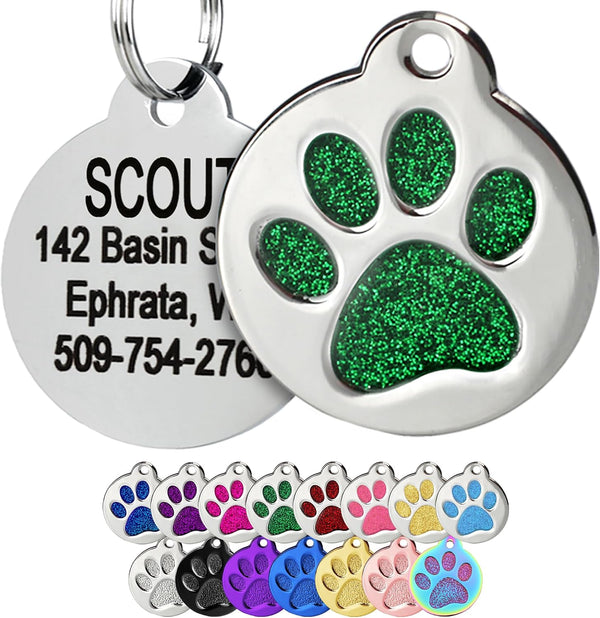Green glitter paw print pet ID tag front and engraved back with split ring, plus color options on white background