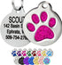 Close-up of Glitter Paw Print Pet ID Tag showing pink glitter, polished stainless steel, engraved back, and attachment ring