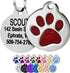 Front and back views of a Glitter Paw Print Pet ID Tag with red glitter paw print and engraved back