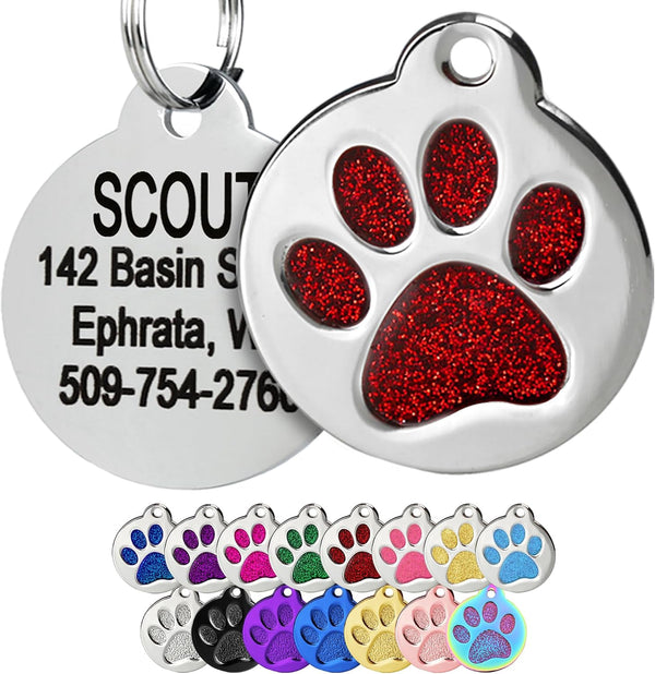 Front and back views of a Glitter Paw Print Pet ID Tag with red glitter paw print and engraved back