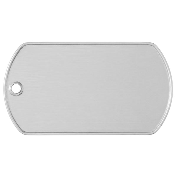 Front view of a rectangular custom logo dog tag showcasing rounded corners and an attachment hole on a white background