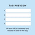 Engraved military dog tag preview showing four numbered text lines and centered text sizing on a light blue background