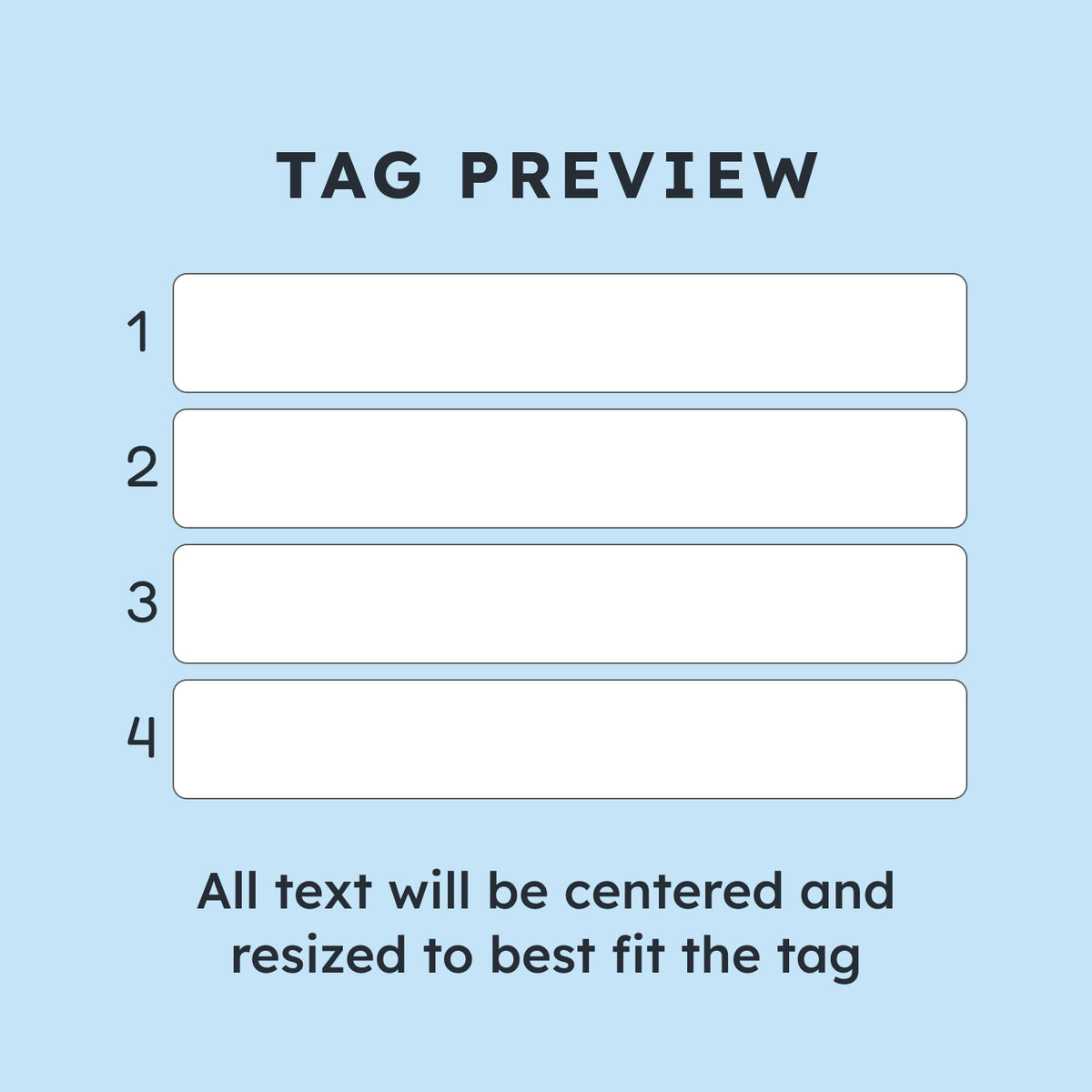 Engraved military dog tag preview showing four numbered text lines and centered text sizing on a light blue background