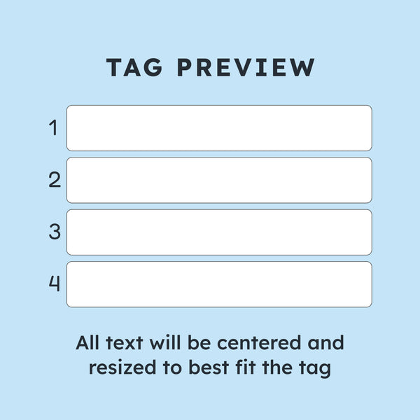 Engraved military dog tag preview showing four numbered text lines and centered text sizing on a light blue background