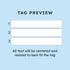 Tag preview template showing three numbered lines for customized text and centered, resized lettering