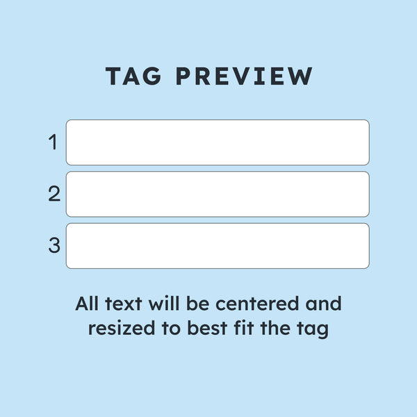 Tag preview template showing three numbered lines for customized text and centered, resized lettering
