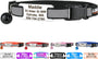 Close up of a black personalized reflective cat collar showcasing an engraved metal tag safety buckle and bell on white background